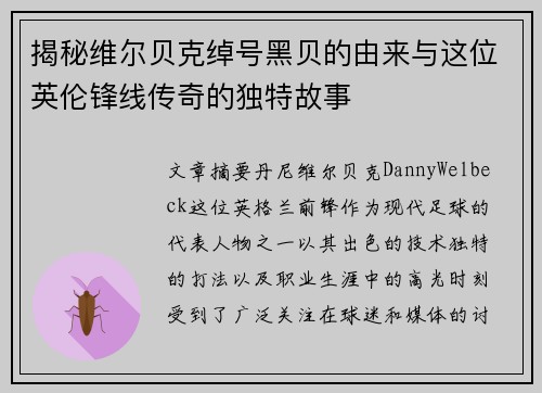 揭秘维尔贝克绰号黑贝的由来与这位英伦锋线传奇的独特故事 揭秘维尔贝克绰号黑贝的由来与这位英伦锋线传奇的独特故事