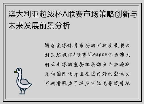 澳大利亚超级杯A联赛市场策略创新与未来发展前景分析