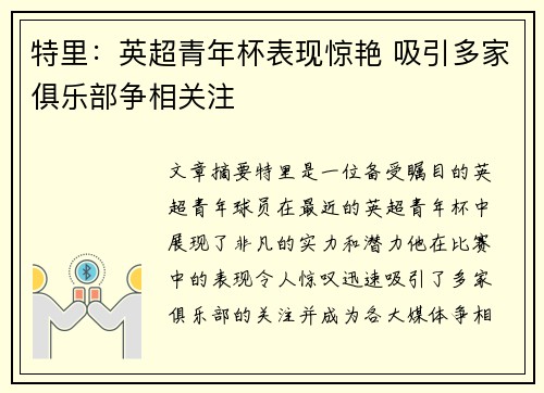 特里：英超青年杯表现惊艳 吸引多家俱乐部争相关注